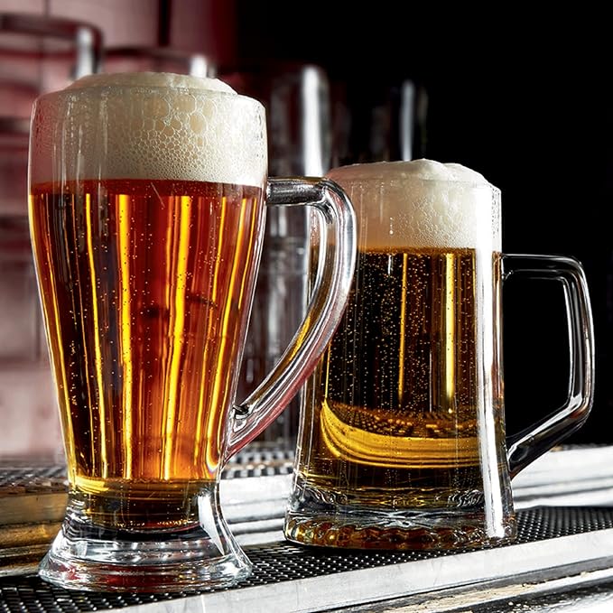 Bormioli Rocco 4-Pack Solid Heavy Large Beer Glasses with Handle - 17.1/4 Ounce Glass Steins, Traditional Beer Mug glasses Set, Perfect Coffee - Tea Glass, Everyday Drinking Glasses, Cocktail Glasses