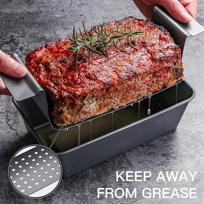 HONGBAKE 4 Pack Meatloaf Pan with Drain Tray, 9 x 5 Inches Loaf Pans with Insert, Nonstick Meat Loaf for Baking, Grey