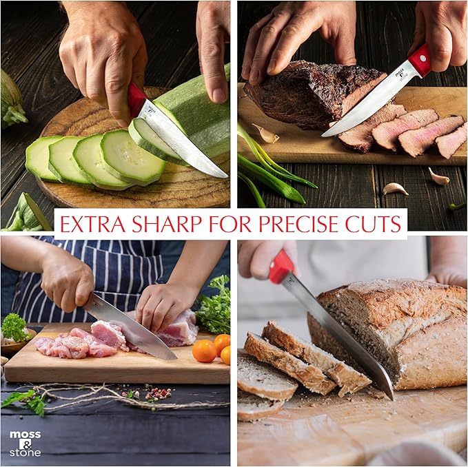 Moss & Stone 14 Pcs Knife Block Set Stainless Steel, Premium Forged Kitchen Knives Set with High-Carbon Blades, Ergonomic Handle, Sharp Blade, Rust Resistant, Modern Style for Home & Chef, Red