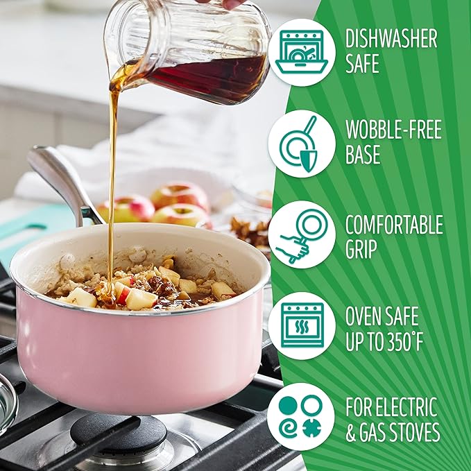 GreenLife Artisan Healthy Ceramic Nonstick, 1QT and 2QT Saucepan Pot Set with Lids, Stainless Steel Handle, PFAS-Free, Dishwasher Safe, Oven Safe, Soft Pink