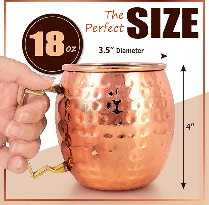 G GOODYGOODS Moscow Mule Mugs, Real Copper Plating, Stainless Steel inside Lining, Gift Set of 4 Handcrafted 18 Oz Copper Cups, 4 Unique Straws, Jigger, Ring Bottle Opener & Recipe Booklet!