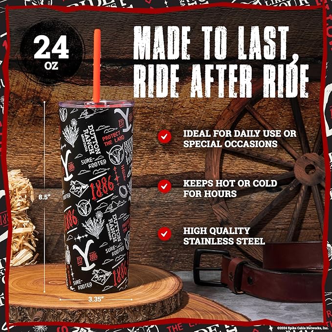 Dragon Glassware x Yellowstone Vacuum Insulated Tumbler with Lid and Straw - 24 oz Tumbler Cup with 2 Straws - Stainless Steel Tumbler with Straw for Water, Iced Tea - 1886