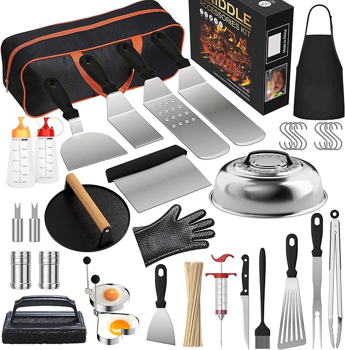 134 Pcs Griddle Accessories Kit for Blackstone - Perfect Flat Top Grill Accessories for Outdoor, Professional Round Melting Dome with Cast Iron Smash Burger Press for Barbecue.