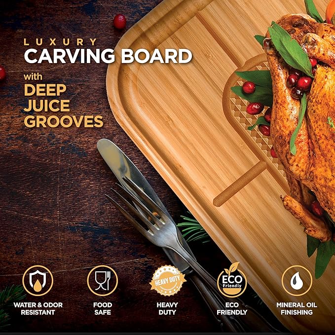 Turkey Platter for Thanksgiving - 18x12 Reversible Bamboo Carving Cutting Board for BBQ or Grilling - Heavy Duty Butcher Block with Deep Juice Groove, Spikes, Grid Grip - Large Kitchen Christmas Gift