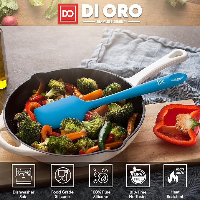 DI ORO Silicone Spatula - 600°F Heat-Resistant Rubber Kitchen Spatula for Baking, Scraping, & Mixing - BPA Free Nonstick Cookware Safe Flexible Utensil for Cooking - Seamless & Dishwasher Safe (Blue)