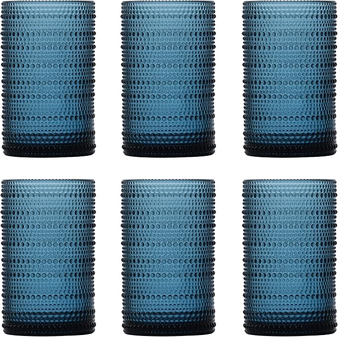 Fortessa Jupiter Beaded Hobnail Glass, 13 Ounce Iced Beverage (Set of 6), Cornflower Blue