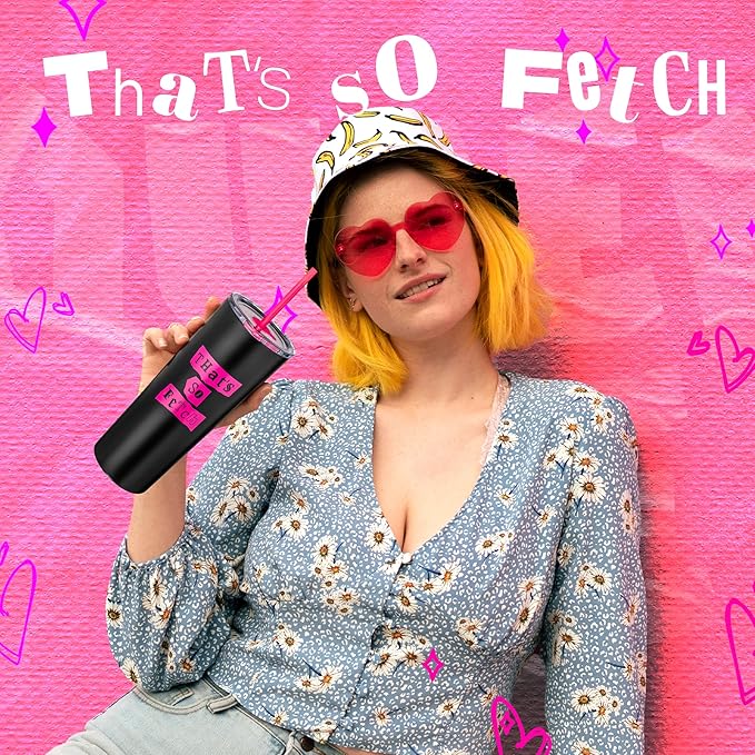 Dragon Glassware x Mean Girls Vacuum Insulated Tumbler with Lid and Straw - 24 oz Tumbler Cup with 2 Straws - Stainless Steel Tumbler with Straw for Water, Iced Tea - That's So Fetch