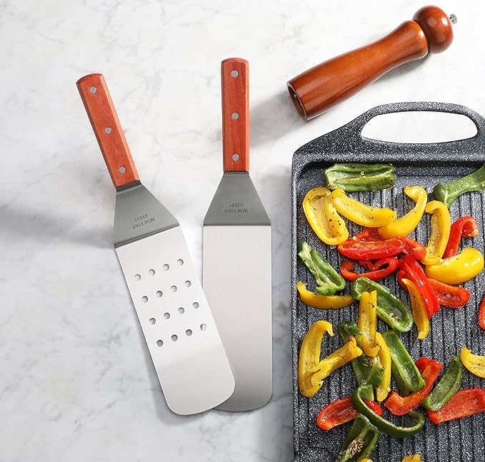 New Star Foodservice 43051 Wood Handle Flexible Grill Spatula Set, 14.5", Set of 2, Silver