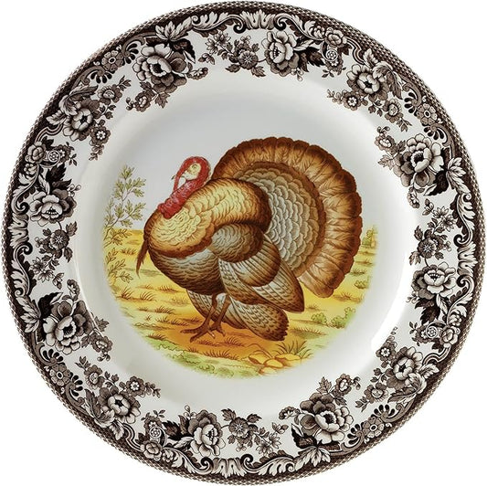 Spode Woodland Turkey Round Platter - 12" Fine Porcelain Serving Tray with British Flowers Border, Rustic Thanksgiving Design - Microwave, Dishwasher, Freezer & Warm Oven Safe - Made in England