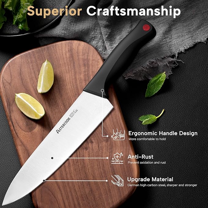 Astercook Knife Set, 15 Pieces Kitchen knives Set with Built-in Sharpener, High Carbon German Stainless Steel Chef Knife Block Sets, Sharp & Rust Resistant Dishwasher Safe, Black