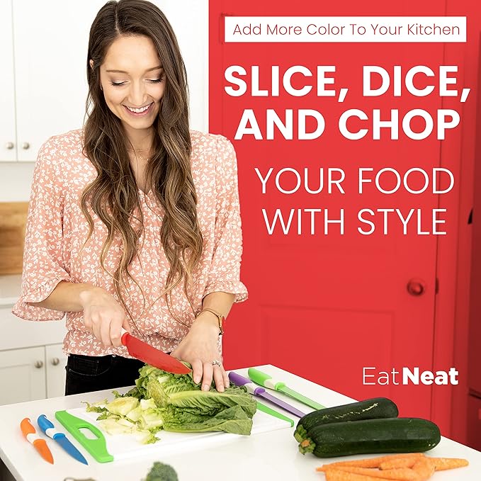 EatNeat 12-Piece Knife Set – Chef, Bread, Carving, Utility & Paring Knives with Sheaths, Sharpener & Cutting Board – Non-Stick Stainless Steel, Ergonomic, Dishwasher Safe – Ideal for Home, RV & Gift