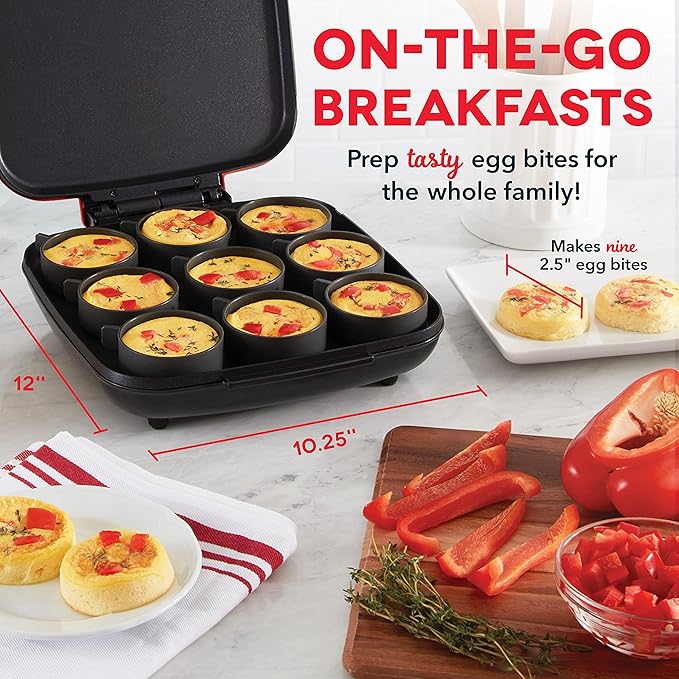 Dash Sous Vide Style Family Size Egg Bite Maker for Breakfast Bites, Sandwiches, Healthy Snacks or Desserts, Keto & Paleo Friendly (9 Servings), Red, 9 Egg Bites