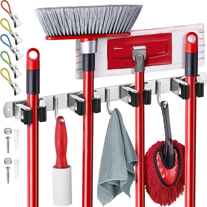 Mop and Broom Holder Wall Mount – Self-Adhesive Stainless Steel broom hanger organizer – 4 Clamps, 3 Hooks, 5 Towel Hanging Clips Mounting Screws – Holds Up to 40 Lbs