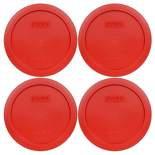 Pyrex 7201-PC Poppy Red Round 4 Cup Plastic Storage Lid, Made in USA - 4 Pack