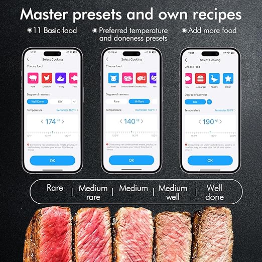 Wireless Smart Bluetooth Meat Thermometer Digital for BBQ, Grill, Oven, Smoker, 500ft Range Cooking Thermometer with Ultra-Thin Wireless Meat Probe, Perfect for Steak, Chicken, Turkey