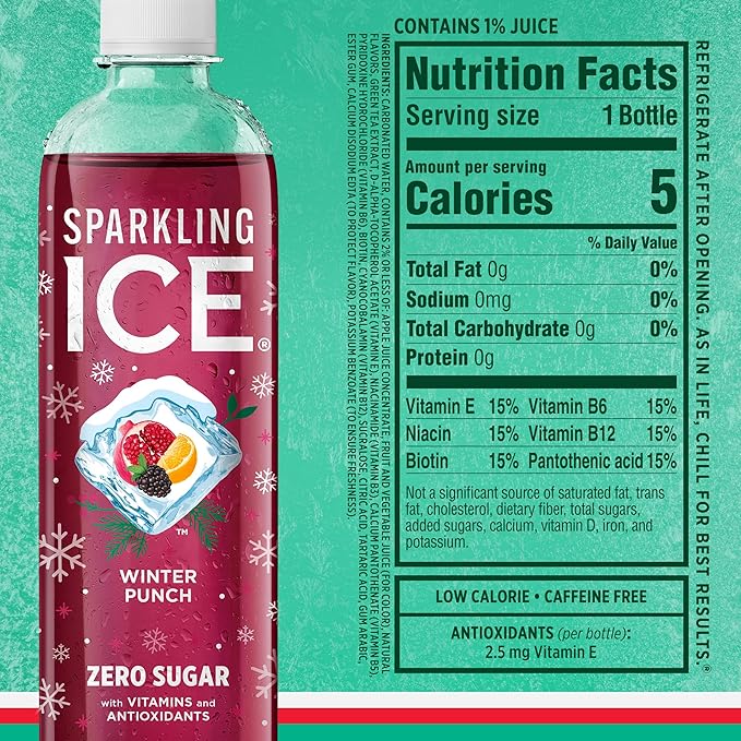 Sparkling Ice, Winter Variety Pack, Flavored Sparkling Water, Zero Sugar, with Vitamins and Antioxidants, 17 fl oz, 12 count (Cranberry Frost, Winter Punch, Apple Cider and Ginger Lime)