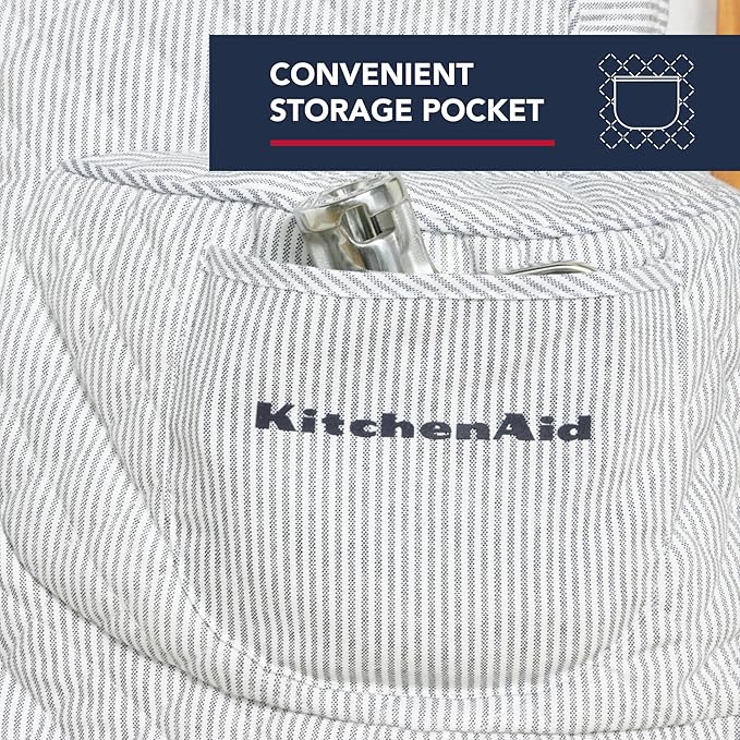 KITCHENAID Fitted Tilt-Head Stand Mixer Cover with Storage Pocket, Quilted 100% Cotton,14.4"x18"x10", Ticking Stripe Ink Blue
