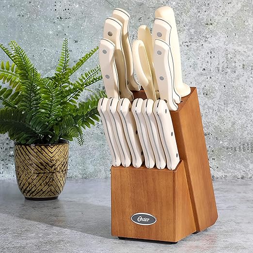 Oster Evansville 14 Piece Cutlery Kitchen Knife Block Set, Stainless Steel w/Linen White Handles - Cuchillos Para Cocina