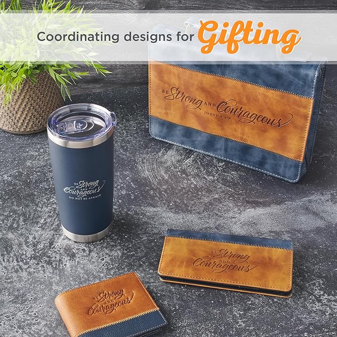 Christian Art Gifts Large Stainless Steel Scripture Tumbler Travel Mug for Men & Women: Strong & Courageous Inspirational Bible Verse, Double-wall Vacuum Insulated & Lid, Hot/Cold, Navy Blue, 18 oz.