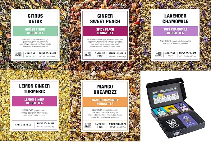 Tiesta Tea - Herbal Tea Gift Box, Loose Leaf, Medium to Non Caffeinated Variety Pack, Make Hot & Iced, 5 Pouches of Assorted Blends with Chamomile, Ginger, Citrus and Lavender Herbal Blend