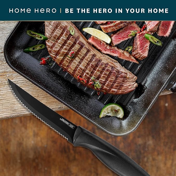 Home Hero Steak Knives Set of 12 - High-Carbon Stainless Steel Blades - Razor-Sharp Serrated Knives - Black Ergonomic Handles - 12 Pcs, Black