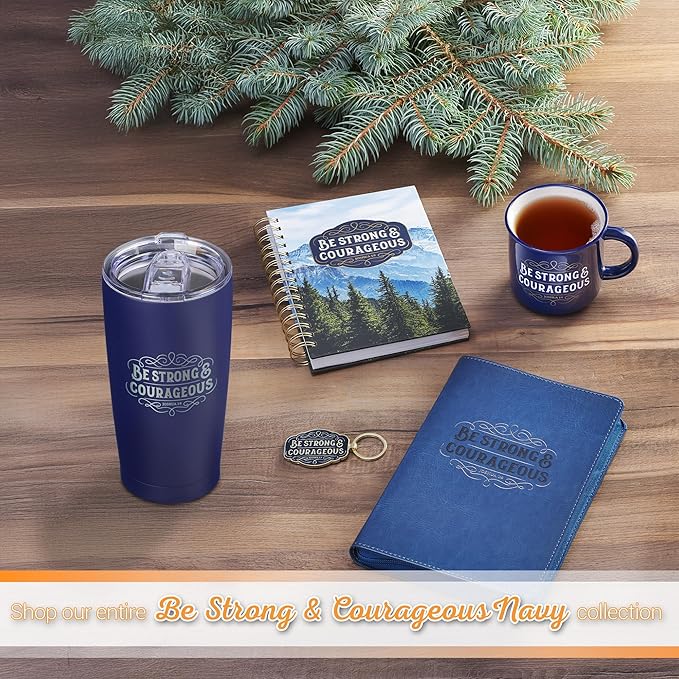 Christian Art Gifts Large Insulated Stainless Steel Travel Mug Tumbler for Men & Women: Strong & Courageous Uplifting Scripture, Double Wall Vacuum Sealed, Retractable Lid, Navy Blue & Silver, 18 oz.