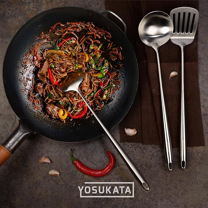 Yosukata 17" Wok Spatula and Ladle and Turner Spatula - Stainless Steel Cooking Utensils Set of 3-304 Stainless Steel Kitchen Utensils Set - Dishwasher Safe Wok Accessories - Cooking Tools
