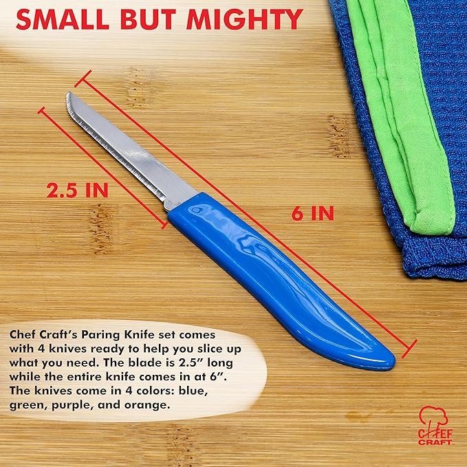 Chef Craft Select Paring Knife Set, 2.5 inch blade 6 inch in length 4 piece set, Assorted