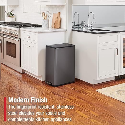 Rubbermaid Elite Stainless Steel Slim Step-On Trash Can 12 Gallon Charcoal Wastebasket for Home/Kitchen/Garage/Apartment/Office