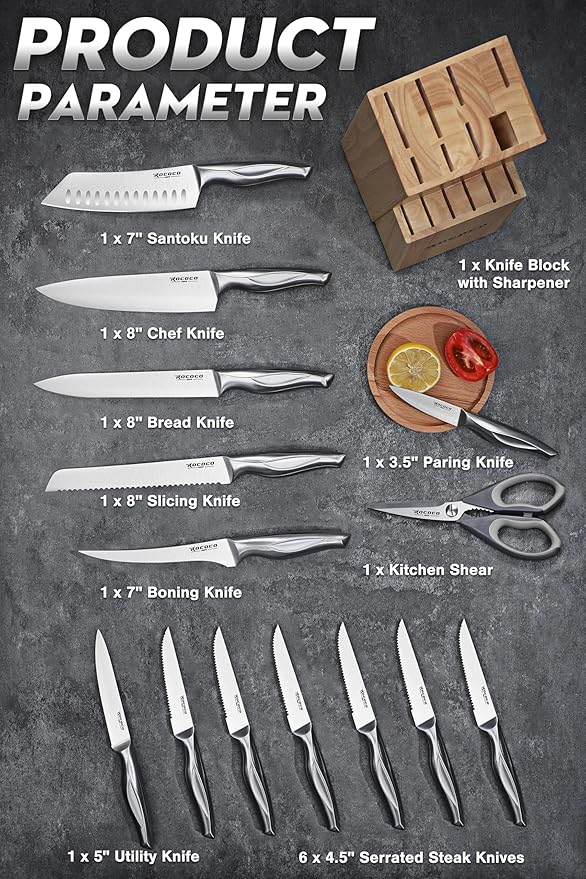 ROCOCO Kitchen Block Knife Set - 15 PCS Stainless Steel Knife Set with Block and Sharpener Dishwasher Safe Father Mother Birthday Christmas Gift
