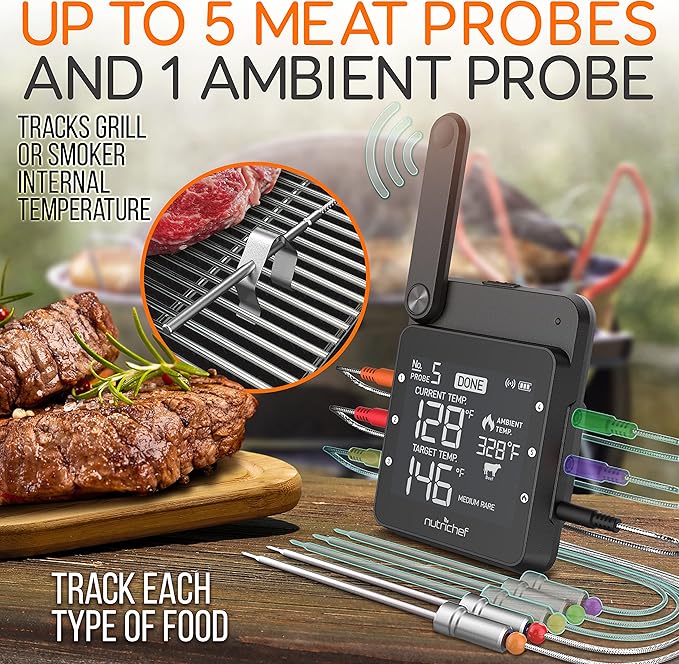 NutriChef WiFi Grill Meat Thermometer, Wireless Dual Smart Probes, Alarm Indoor from Outdoor Barbecue Smoker, Compatible with Any Smartphone, Rechargeable Meter for Outside BBQ Grilling