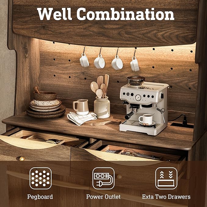 STO'SENSE 72’’ Kitchen Pantry Cabinet w/Power Outlets, Tall Storage Cabinet w/LED Light, FILP-up Door & Pegboard, Freestanding Kitchen Hutch w/Drawers, Solid Wood Handles (Walnut)