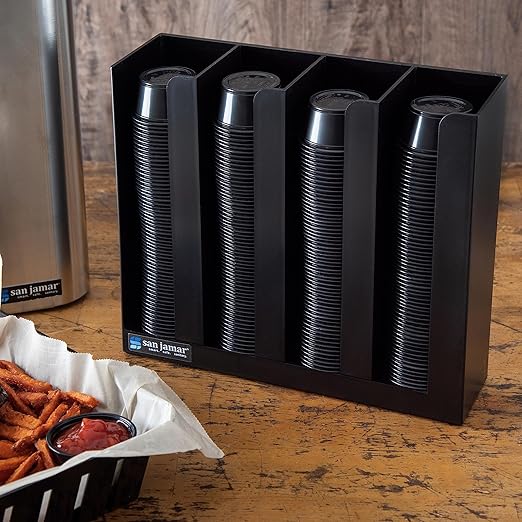 San Jamar Portion Cup and Lid Organizer Fits 2" Cups and Lids with Removable Dividers for Kitchen, Restaurant, and Fast Food, Plastic, 10 x 11.5 x 3.25 Inches, Black