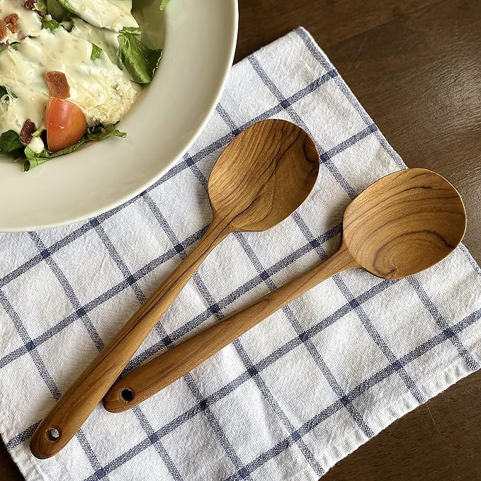 FAAY Thai Teak Salad & Cooking Spoons (2 Pack), 9.5 inch – Handcrafted in Thailand, Natural Coconut Oil Finish, Smooth Non-Scratch Utensils for Mixing & Serving