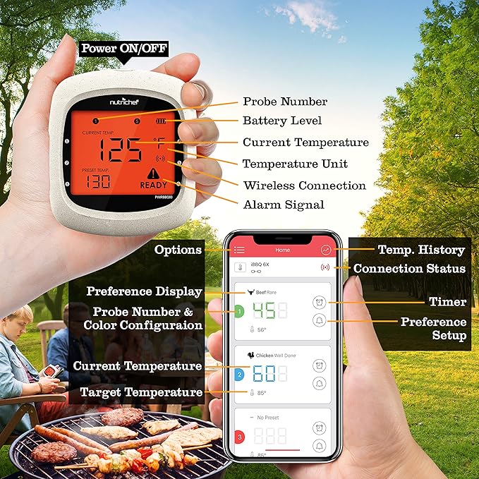 Nutrichef Bluetooth Meat Thermometer for Grilling and Smoking with 4 Wireless Meat Probes, 4 Channels with LCD Display