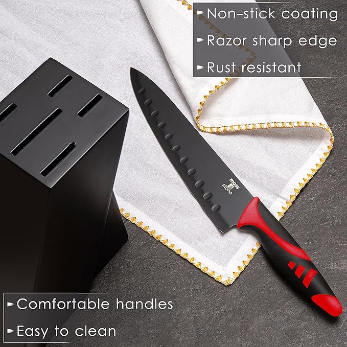 Moss & Stone 7-Piece Kitchen Knife Set with Block – Black Titanium Plated Stainless Steel Kitchen Knives, High Carbon Blades, Compact Cutlery Set for Home Cooking, Small Knife Set Black Wood Block