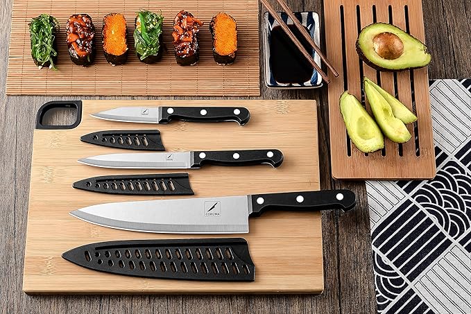Kitchen Knife, 3-Pcs Knife Set With Sheath, 8 Inch Chef Knife, 4.5 Inch Utility Knife, 4 Inch Paring Chef Knife, Stainless Steel, Black