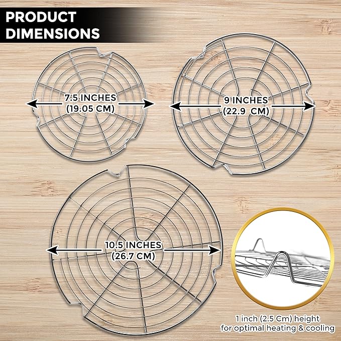 KITCHENATICS Round Cooling Racks for Cooking & Baking, Stainless Steel Steamer Rack, Canning Rack, Cake Cooling Rack - Circle Wire Cooling Rack for Air Fryer, Instapot, Cake Pans - 3PC 7.5", 9", 10.5"
