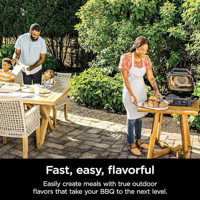 Ninja | Woodfire Series | 7-in-1 (Grill, BBQ, Roast, Air Fry, Dehydrate, Broil, Smoke) | Portable & Weather Resistant | Cook Up To 6 Steaks & 30 Hot Dogs | Woodfire Pellets included | OG701