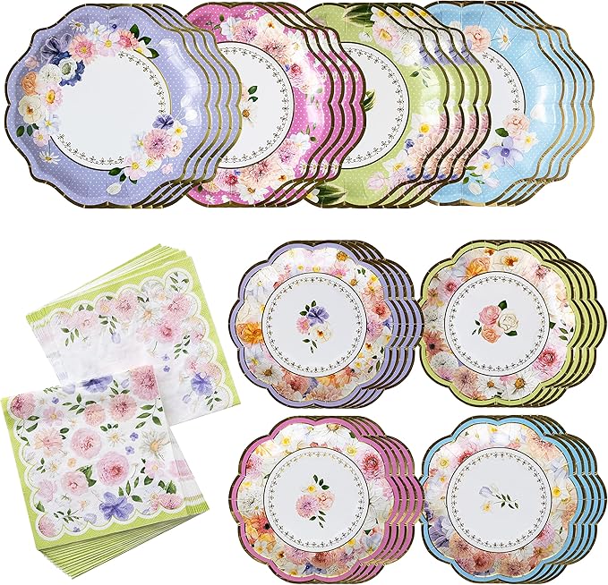 Kate Aspen Tea Party Decorations, Colorful Pastel Plates And Napkins Garden Party Supplies for Adults Bridal Showers, Baby Shower Decorations, Birthdays, 62 Pc, 16 Guests