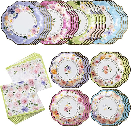 Kate Aspen Tea Party Decorations, Colorful Pastel Plates And Napkins Garden Party Supplies for Adults Bridal Showers, Baby Shower Decorations, Birthdays, 62 Pc, 16 Guests
