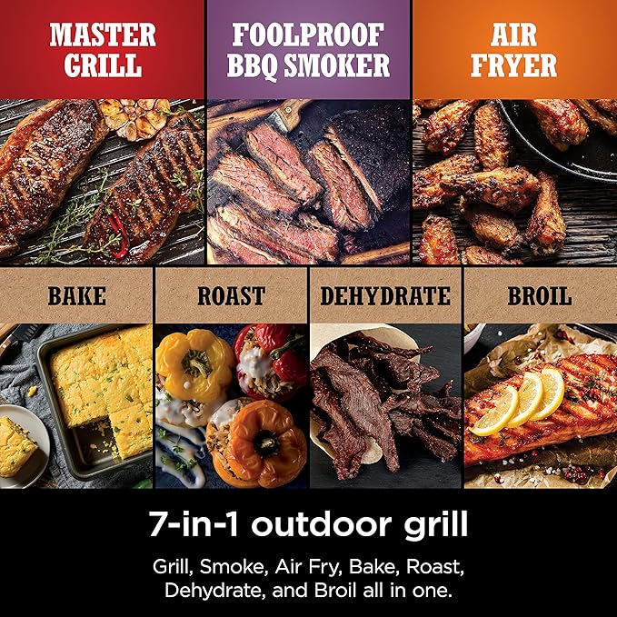 Ninja | Woodfire Series | 7-in-1 (Grill, BBQ, Roast, Air Fry, Dehydrate, Broil, Smoke) | Portable & Weather Resistant | Cook Up To 6 Steaks & 30 Hot Dogs | Woodfire Pellets included | OG701