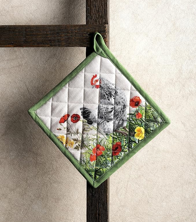 Maison d' Hermine Pot Holders 100% Cotton Heat Resistant Potholders 8" x 8" Hot Pads with Loop BBQ, Cooking, Baking, Grilling, Kitchen, Handling Hot Pans Spring/Summer (Pack of 1, Basse Cour)