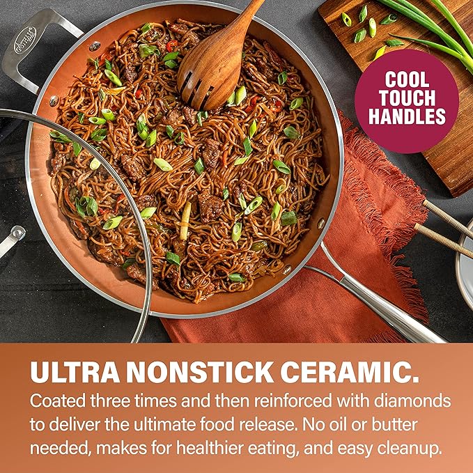 Gotham Steel Hammered Copper 14 Inch Non Stick Frying Pan with Lid, Nonstick Frying Pan with Ceramic Coating and Induction Plate for Even Heating, Oven / Dishwasher Safe, 100% Healthy & Non Toxic