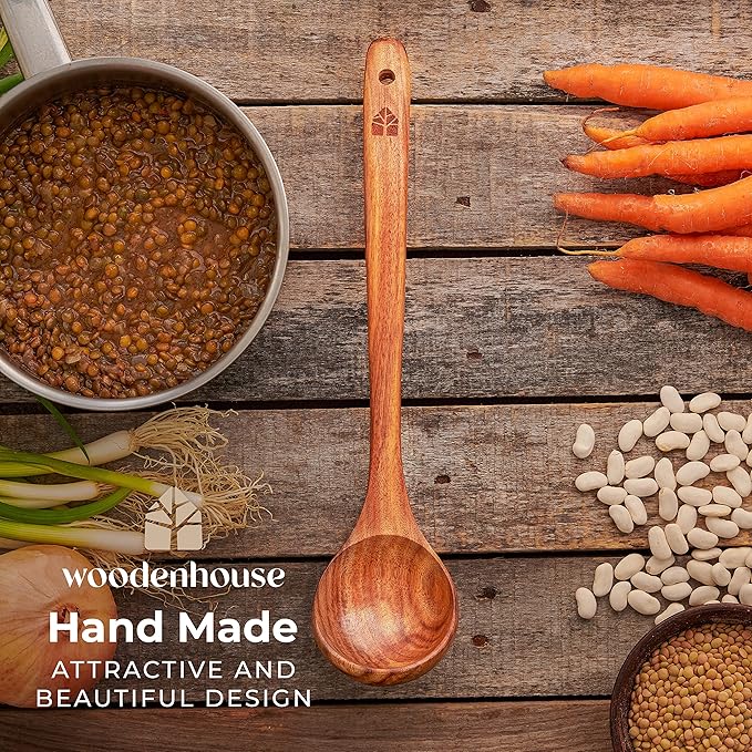 Wooden Ladle for Cooking, Soup Spoon Ladle – Teak Wooden Serving Spoon, 12.4″ Handle, Medium Scoop Size 2 oz – Eco Friendly, Natural and Sustainable