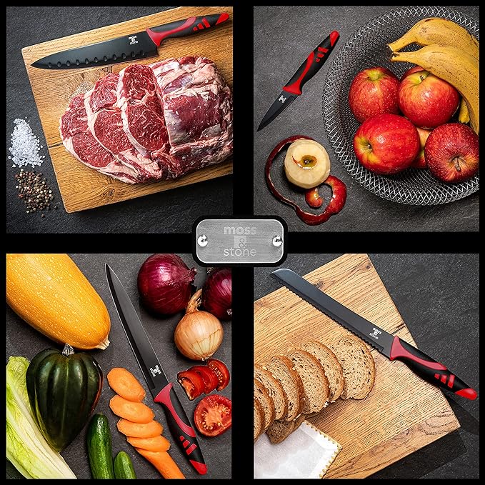 Moss & Stone 7-Piece Kitchen Knife Set with Block – Black Titanium Plated Stainless Steel Kitchen Knives, High Carbon Blades, Compact Cutlery Set for Home Cooking, Small Knife Set Black Wood Block