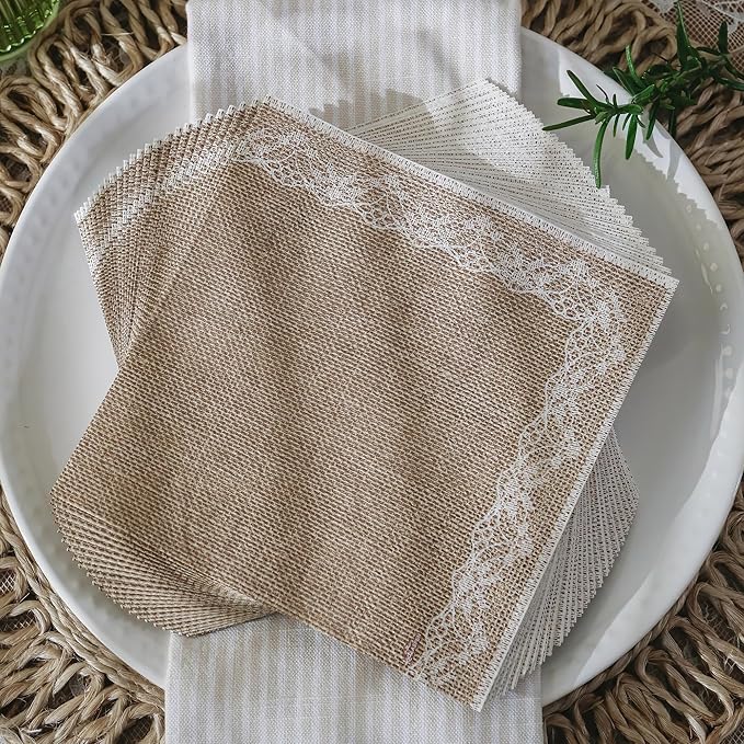Kate Aspen Burlap & Lace Party Decorations - 62 Piece Rustic Bridal Shower and Wedding Tableware Set for 16 Guests - Disposable Floral Paper Plates and Napkins Party Supplies