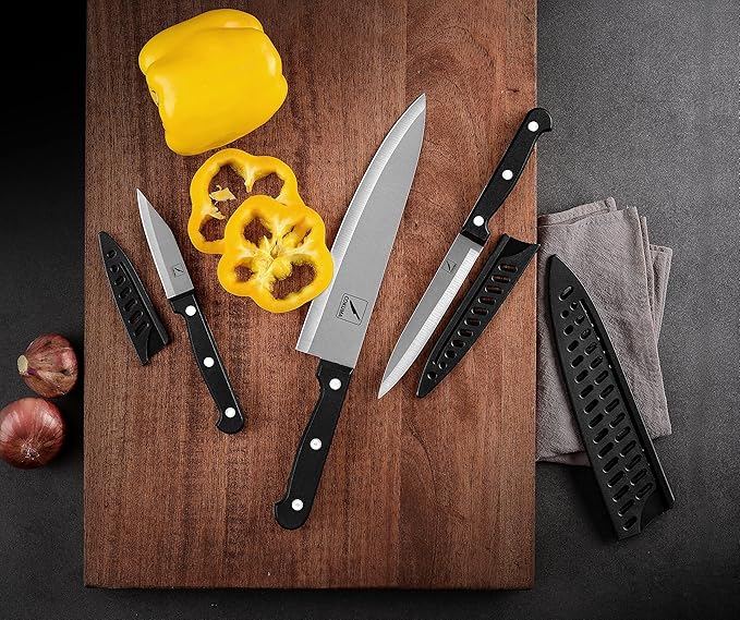 Kitchen Knife, 3-Pcs Knife Set With Sheath, 8 Inch Chef Knife, 4.5 Inch Utility Knife, 4 Inch Paring Chef Knife, Stainless Steel, Black