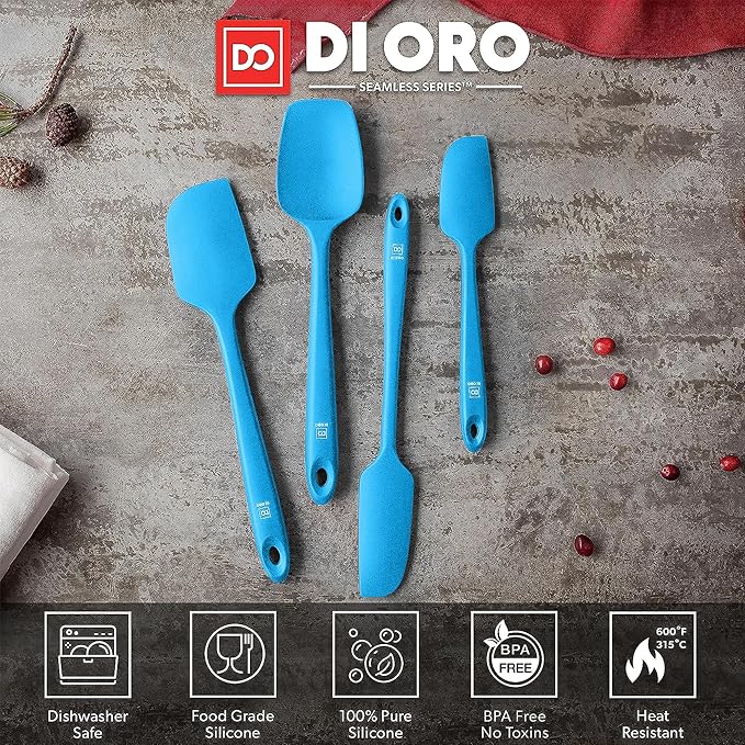 DI ORO Silicone Spatula Set - Rubber Kitchen Spatulas for Baking, Cooking, & Mixing - 600°F Heat-Resistant & BPA Free Silicone Scraper Spatulas for Nonstick Cookware - Dishwasher Safe (4pc, Blue)
