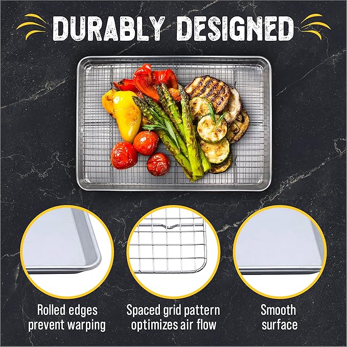Checkered Chef Quarter Sheet Pan with Wire Rack for Cooking - 1/4 Sheet Pan, 13" x 9.5" Aluminum Cookie Sheets and Stainless Steel Cooling Rack for Baking